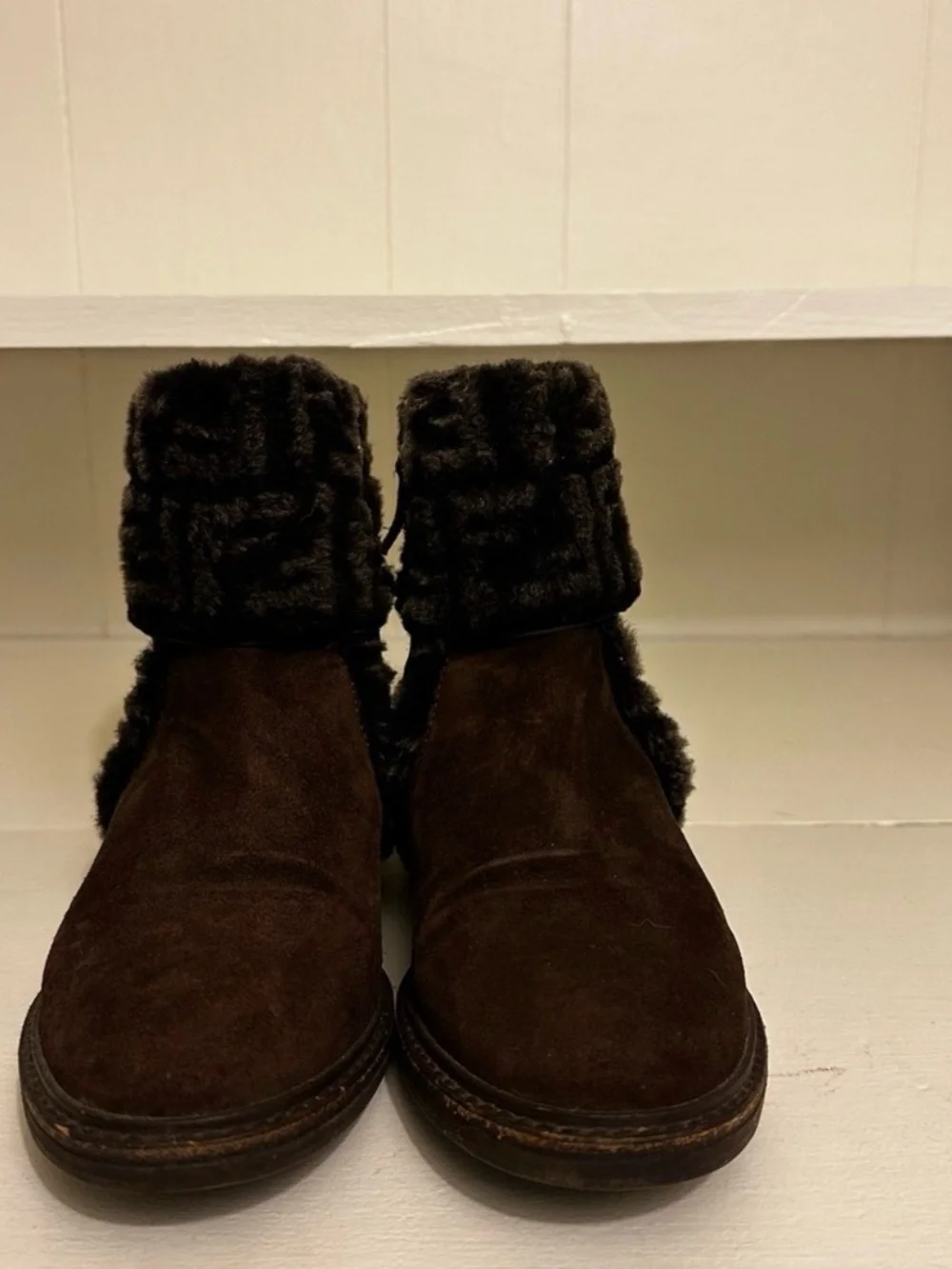 Fendi Zucca FF Logo Shearling Cuff Suede Ankle Boots Brown IT 36.5 US 5.5