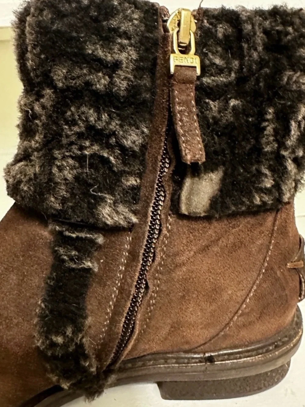 Fendi Zucca FF Logo Shearling Cuff Suede Ankle Boots Brown IT 36.5 US 5.5