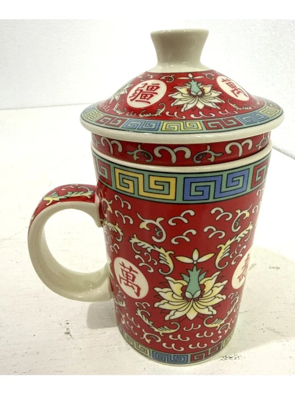 World Market Loose Tea Infuser Mug Ceramic 3 pcs Asian Oriental Red