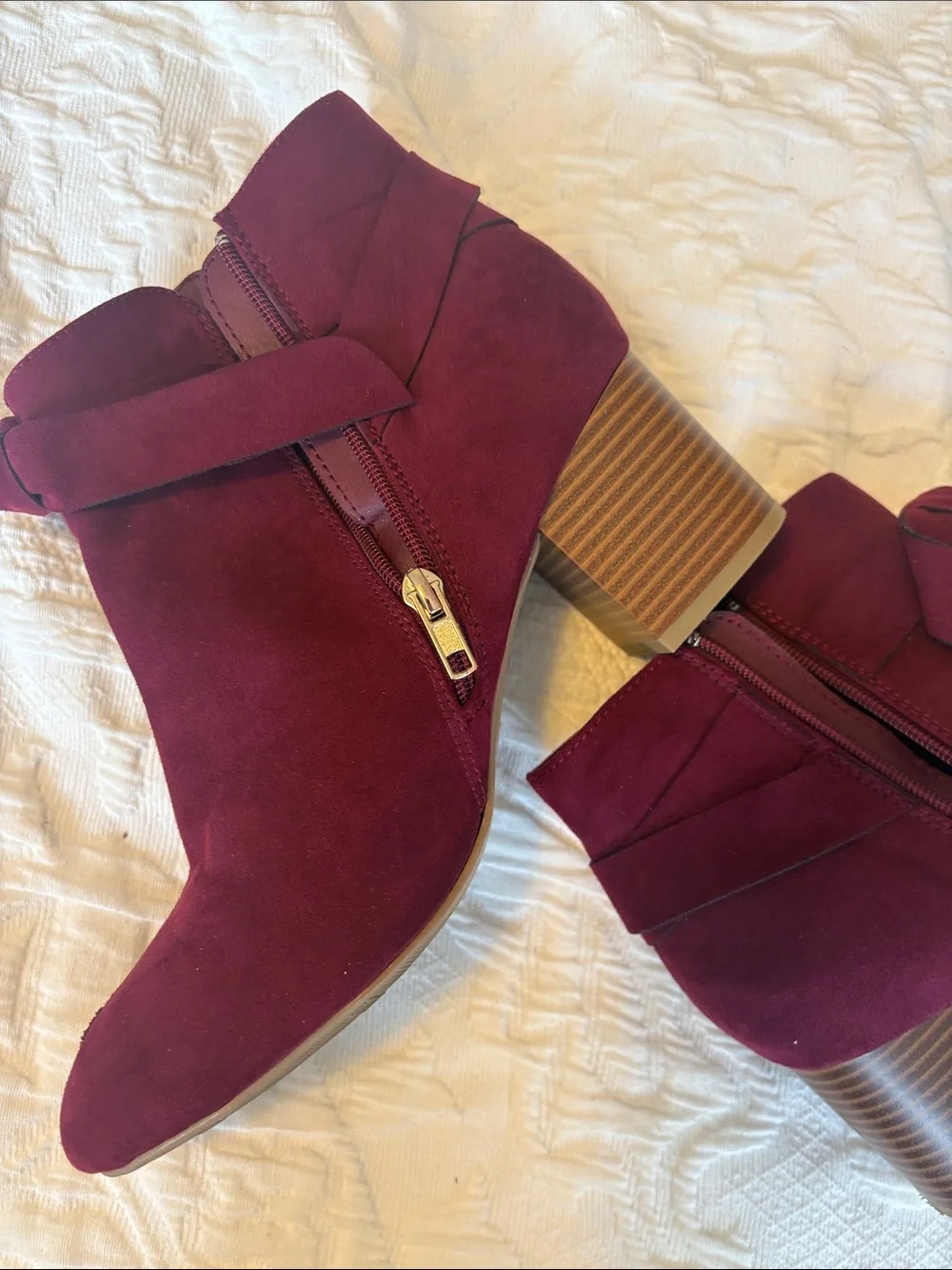 MIA Burgundy Suede Ankle Booties with Wrap Strap and Block Heel