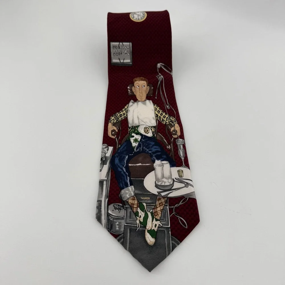 Saturday Evening Post Tie Mens OS Red Norman Rockwell Dentist Silk Graphic 1997