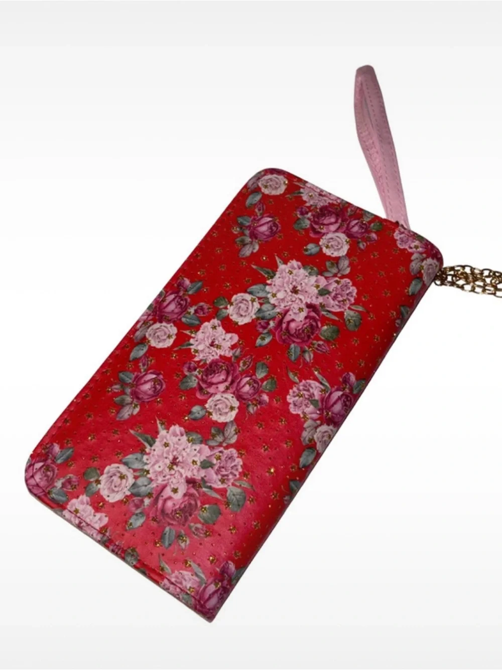 sparkly red shoulder wallet, hip length chain