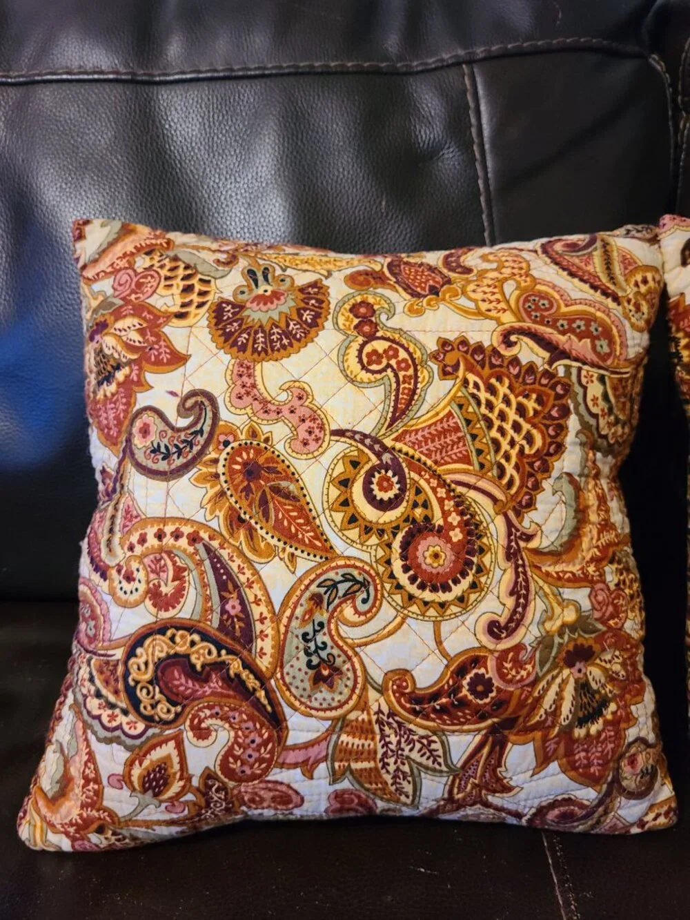 2 VTG Paisley Fan Throw Pillows Quilted Fabric Browns Red Beige Gold 14