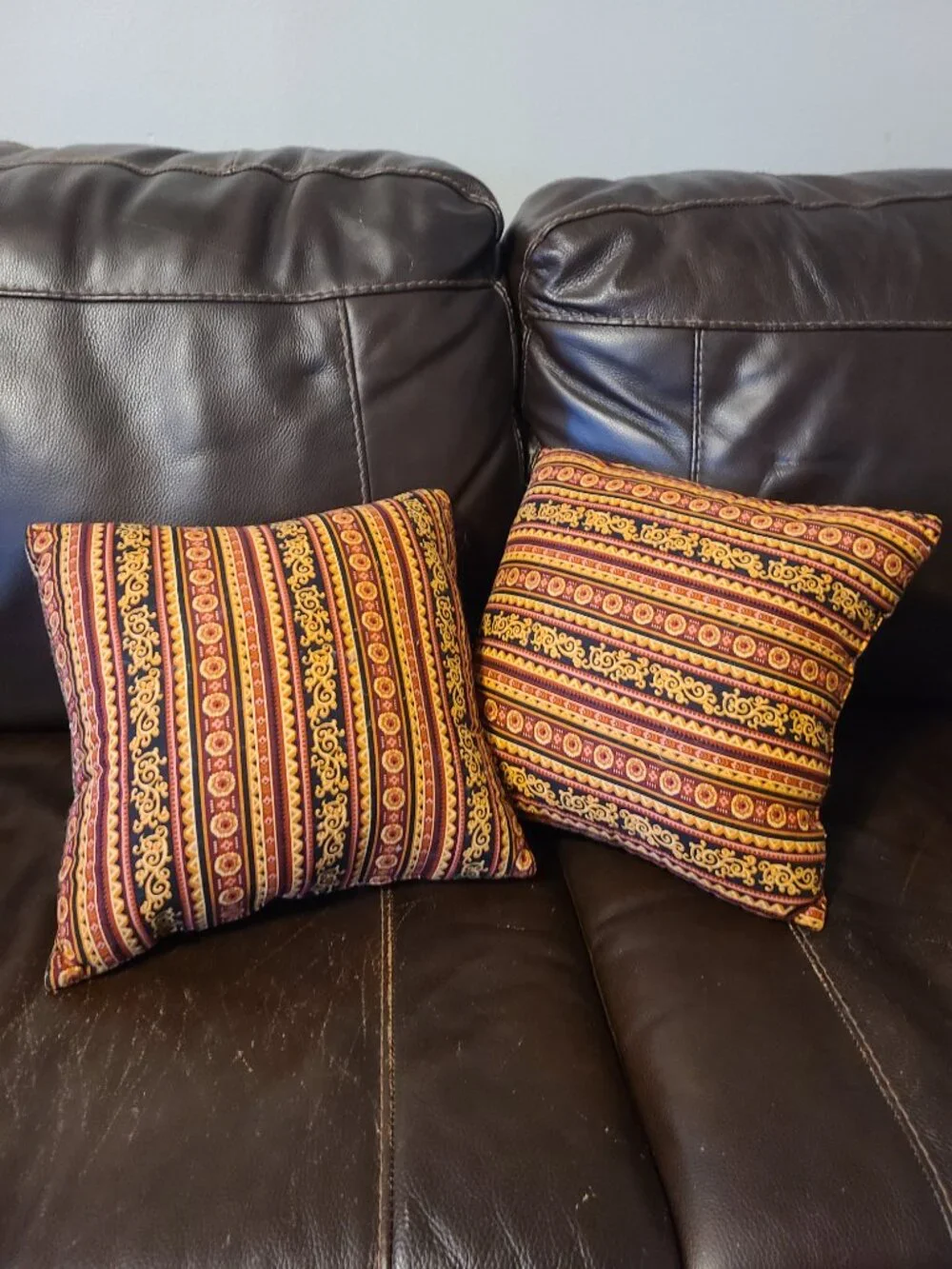 2 VTG Paisley Fan Throw Pillows Quilted Fabric Browns Red Beige Gold 14