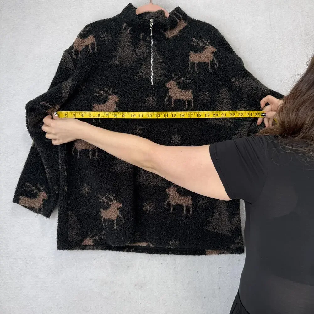 Alias Sweater Womens Large Black Fleece 1/4 Zip Reindeer Trees Mock Neck cabin
