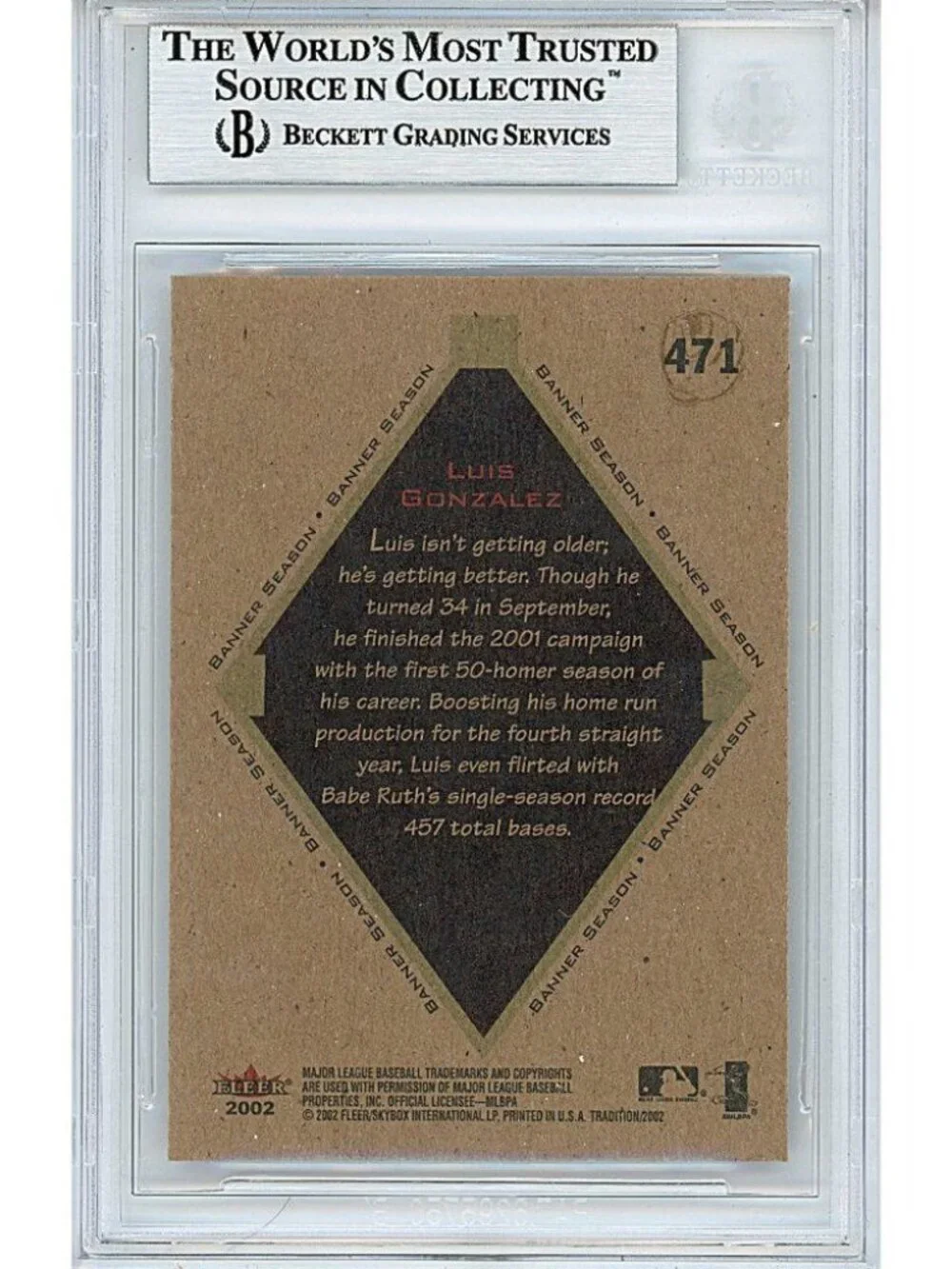 Luis Gonzalez DBacks Signed '02 Fleer Tradition Baseball Card Beckett Autograph