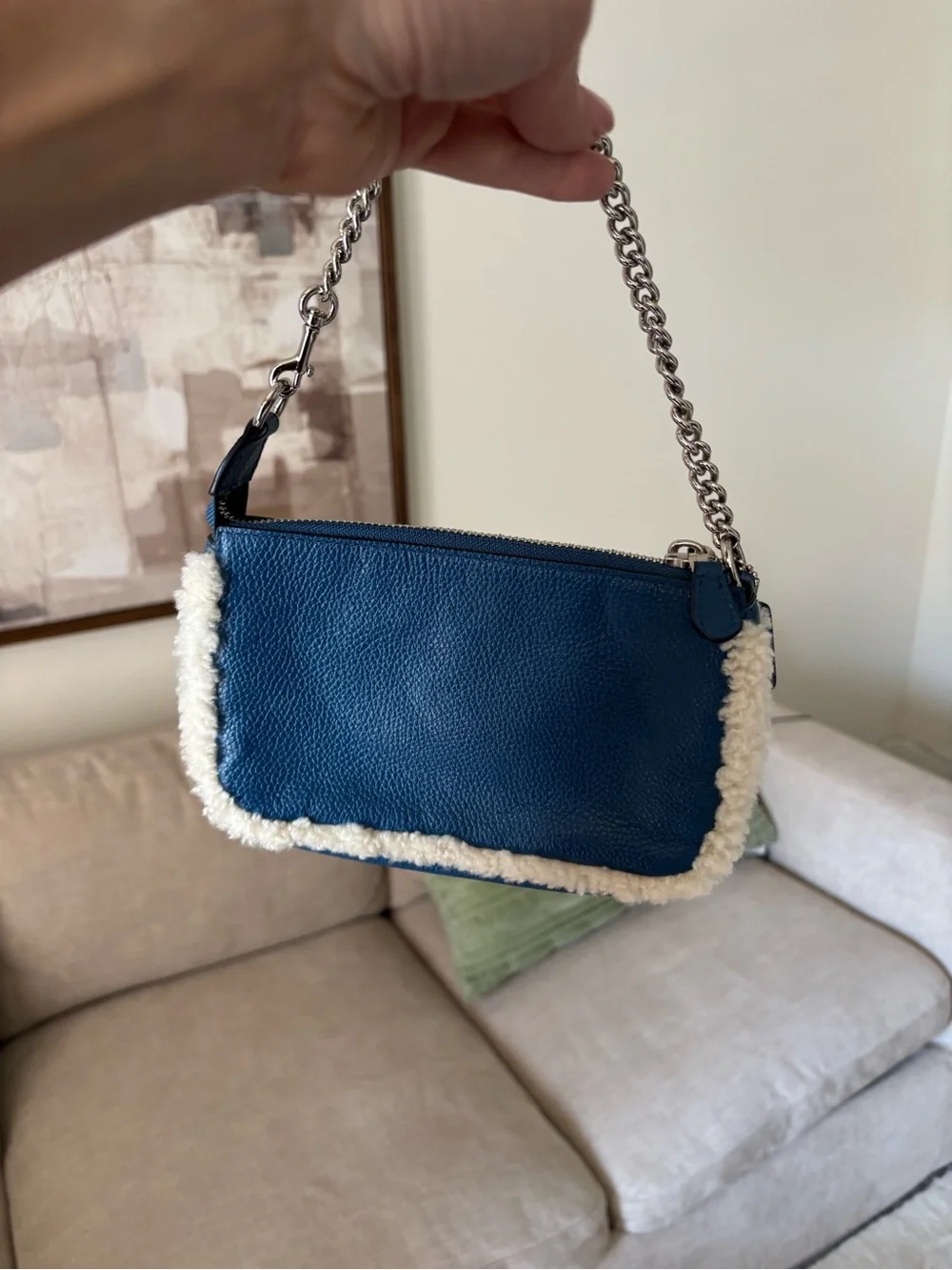 Coach Blue Leather Shoulder Bag with Shearling Trim