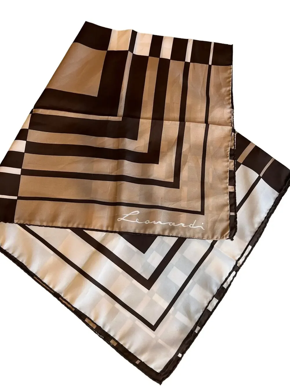 Vintage 70s Leonardi mod print scarf taupe chocolate brown