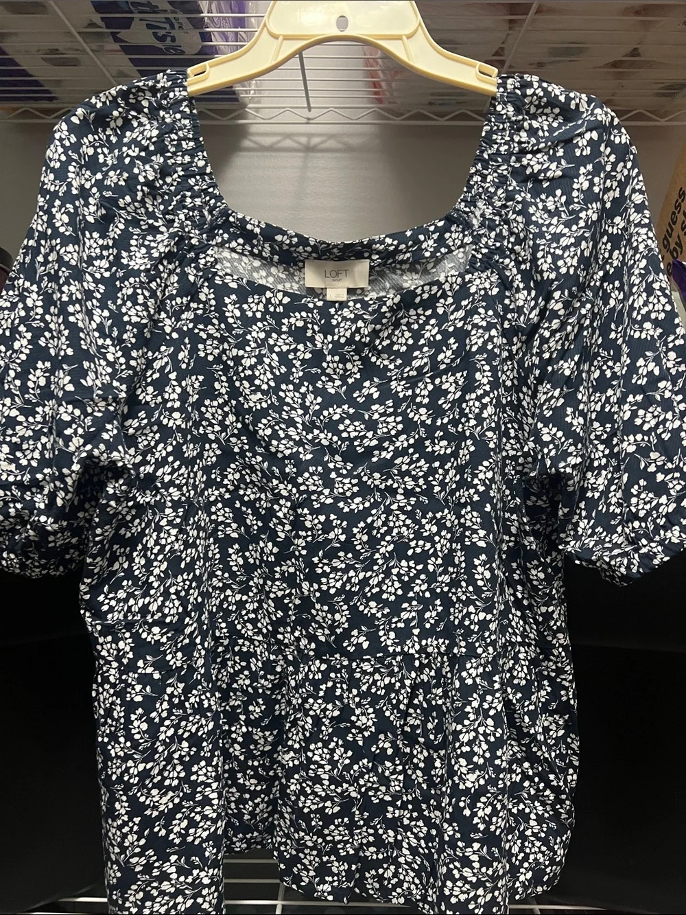 LOFT Navy and White Floral Puff-Sleeve Blouse