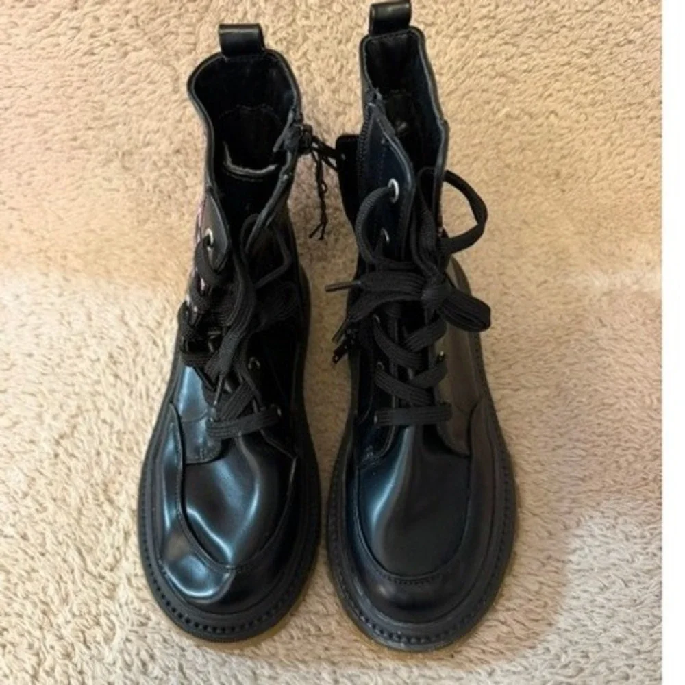 DKNY Combat Boots Kids Girls Size 3 Black Pink Logo Strap DKN1340-1FF NEW