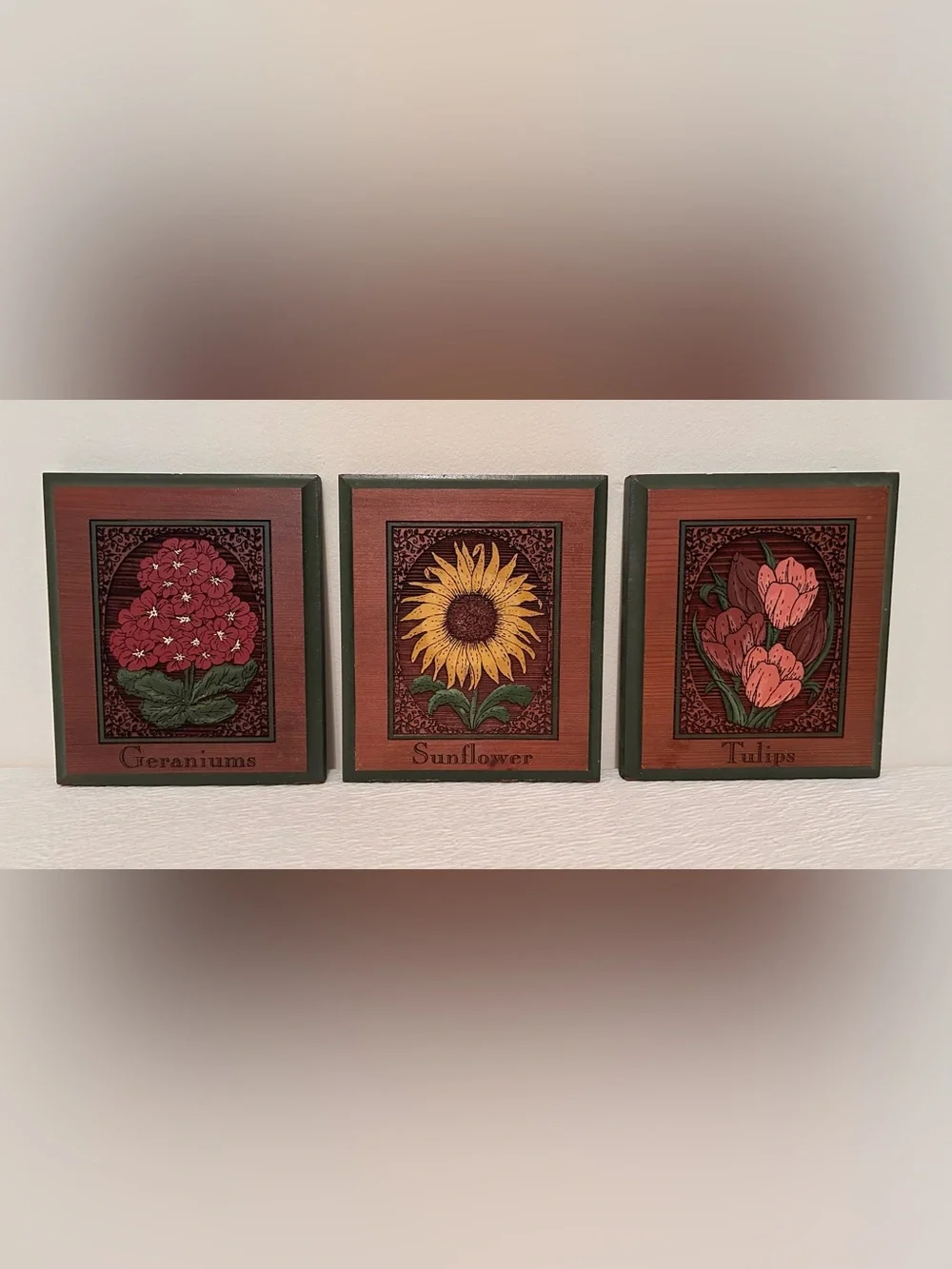 Set of 3 Hand Engraved Wooden Floral Plaques-By Artist Renee Urban