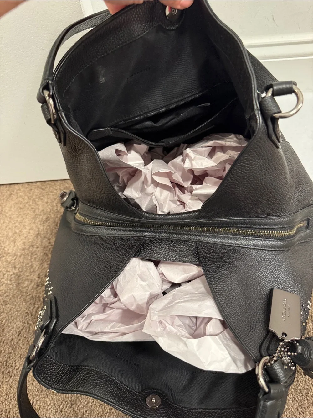 Coach Edie 31 bandana rivets shoulder bag purse tassle metal hangtag
