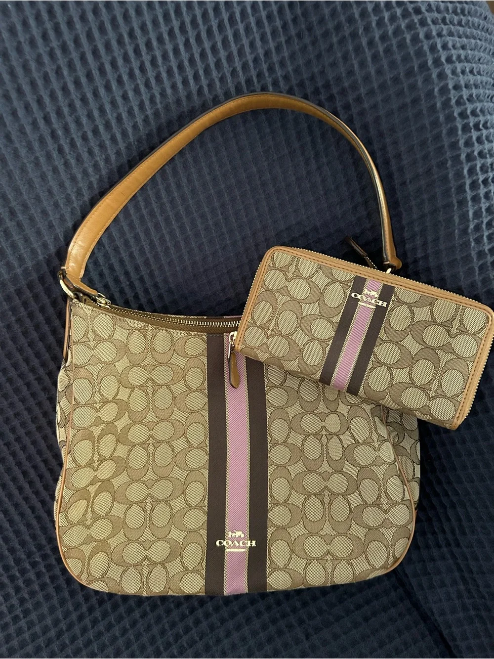 Coach Signature Canvas Shoulder Bag with Pink and Brown Center Stripe & Wallet