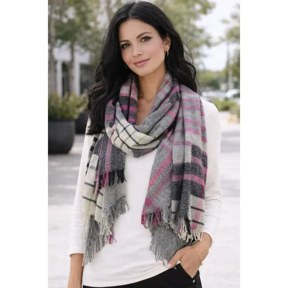Talbots Womens Gray Pink Green Plaid Wool Fringe Scarf Wrap Warm Winter 54x58