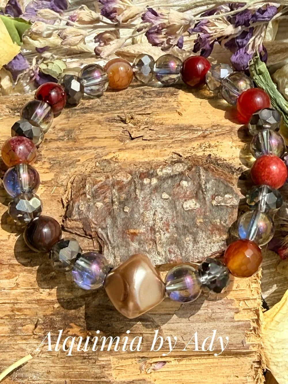 Red carnelian + Aura Multicolor Beaded Stretch Bracelet with Brown Focal Bead