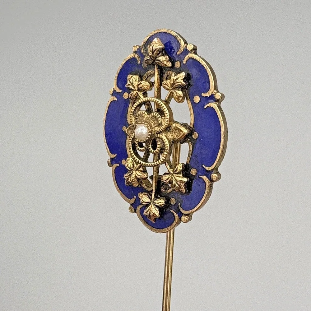 Antique Estate Stick Pin Blue Enamel Faux Pearl Regal Gold Vines and Pinstop