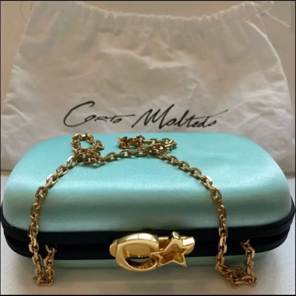CARTO MOLTEDO Susan Blue Satin Chain Clutch Bag NWT
