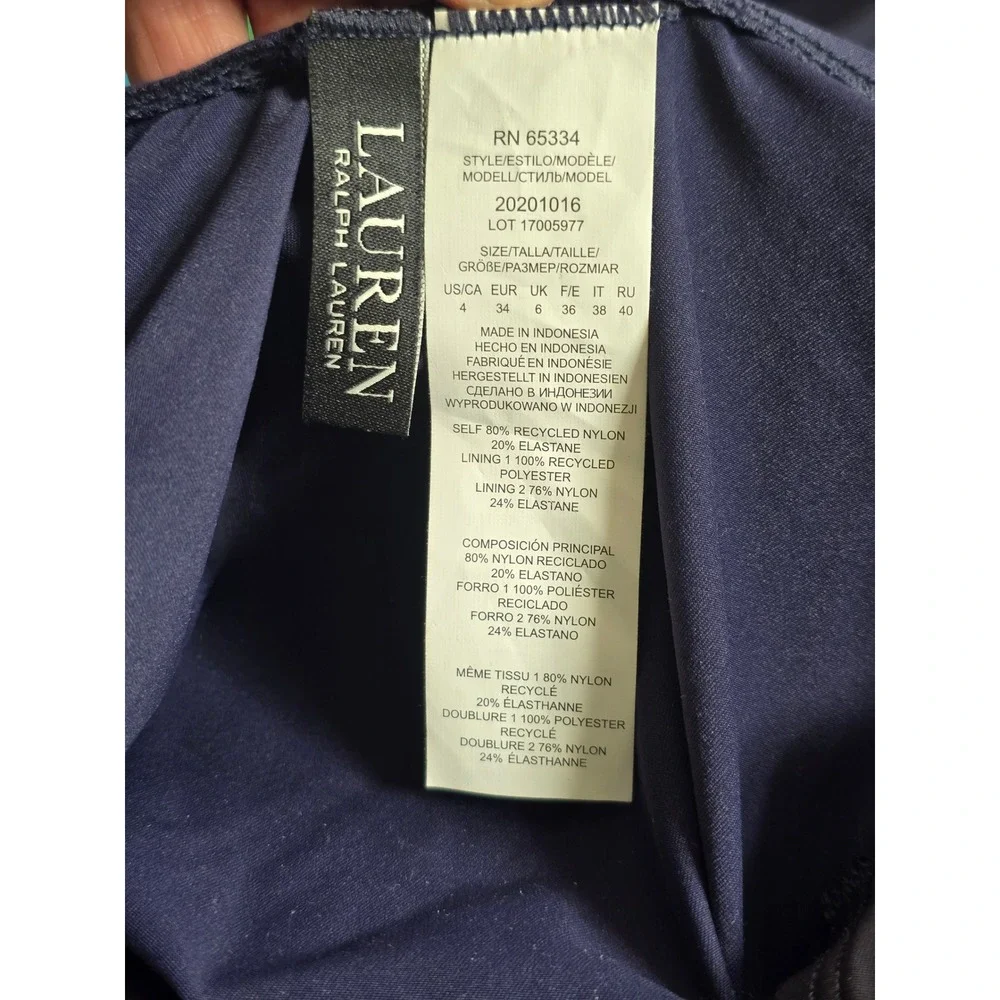 NWT Lauren Ralph‎ Lauren One Piece Swimsuit Navy Blue Ruched Underwire  Size 4