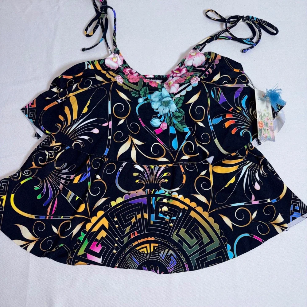 Johnny Was Tankini Top XS Multi New Floral Tiered Ruffle Tie Strap CSW6022AN