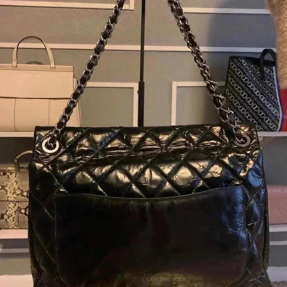 CHANEL X LARGE FLAP PATENT LEATHER QUILTED CC SHOULDER BLACK BAG {RARE FIND}