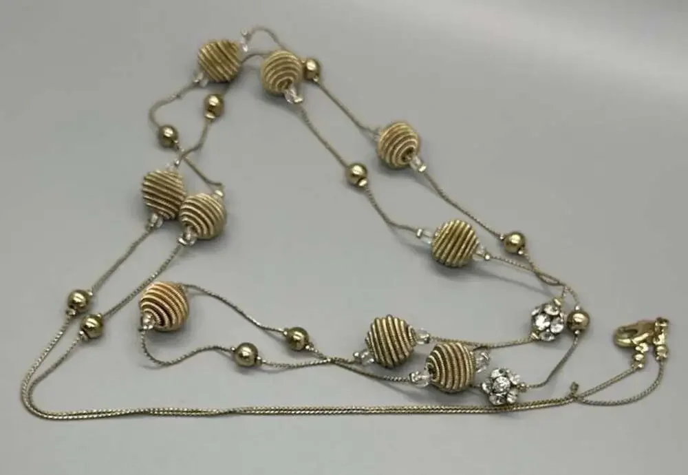 Gold Tone Long Station Necklace Coiled Spring Beehive and Rhinestone Beads Vtg