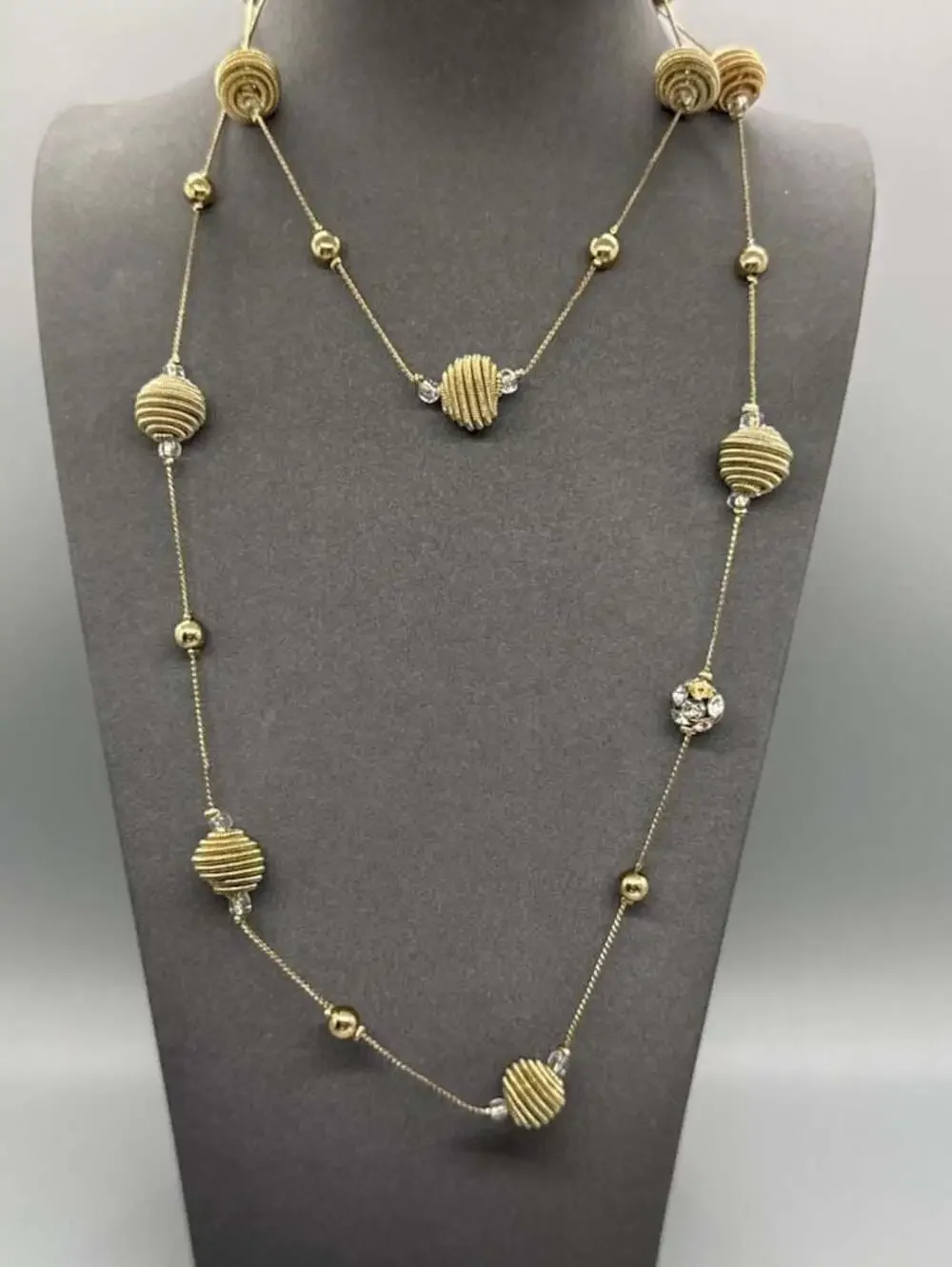 Gold Tone Long Station Necklace Coiled Spring Beehive and Rhinestone Beads Vtg