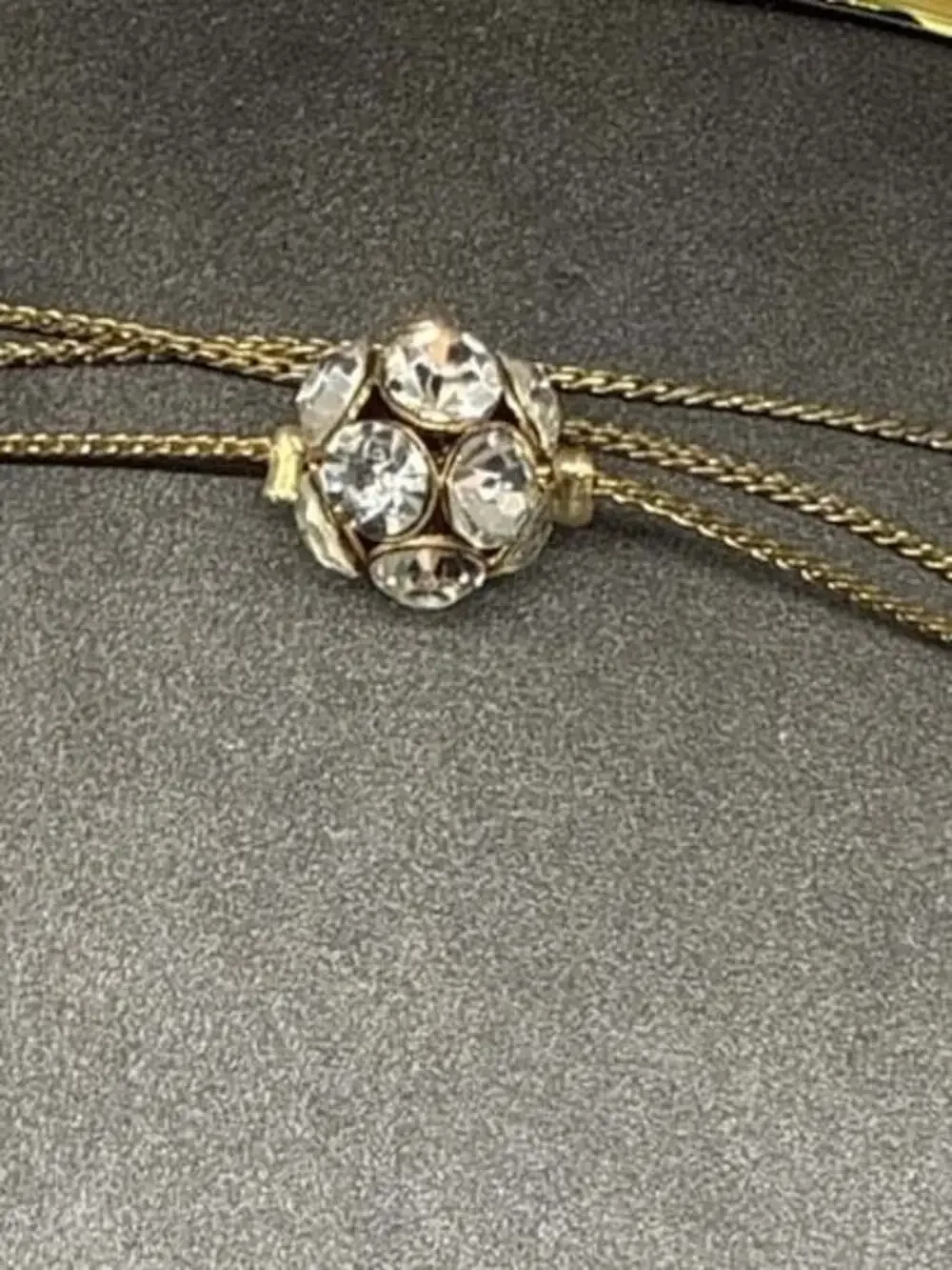 Gold Tone Long Station Necklace Coiled Spring Beehive and Rhinestone Beads Vtg