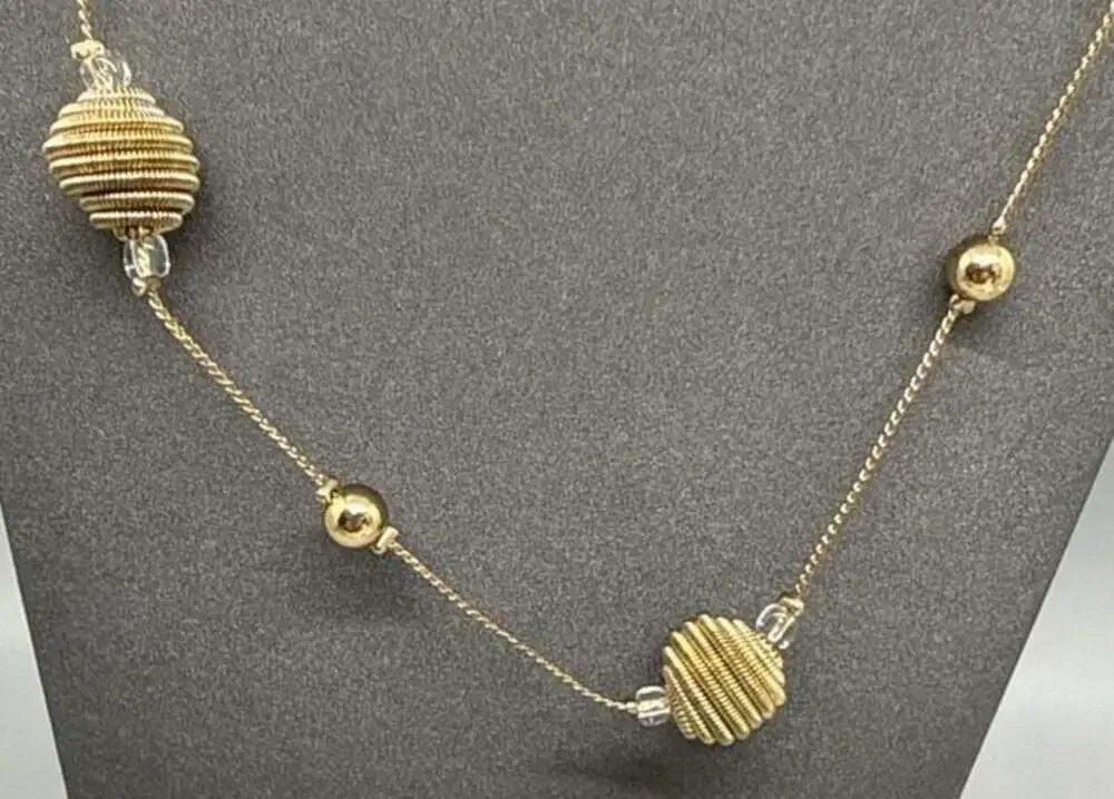 Gold Tone Long Station Necklace Coiled Spring Beehive and Rhinestone Beads Vtg