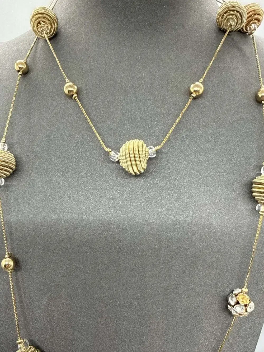 Gold Tone Long Station Necklace Coiled Spring Beehive and Rhinestone Beads Vtg