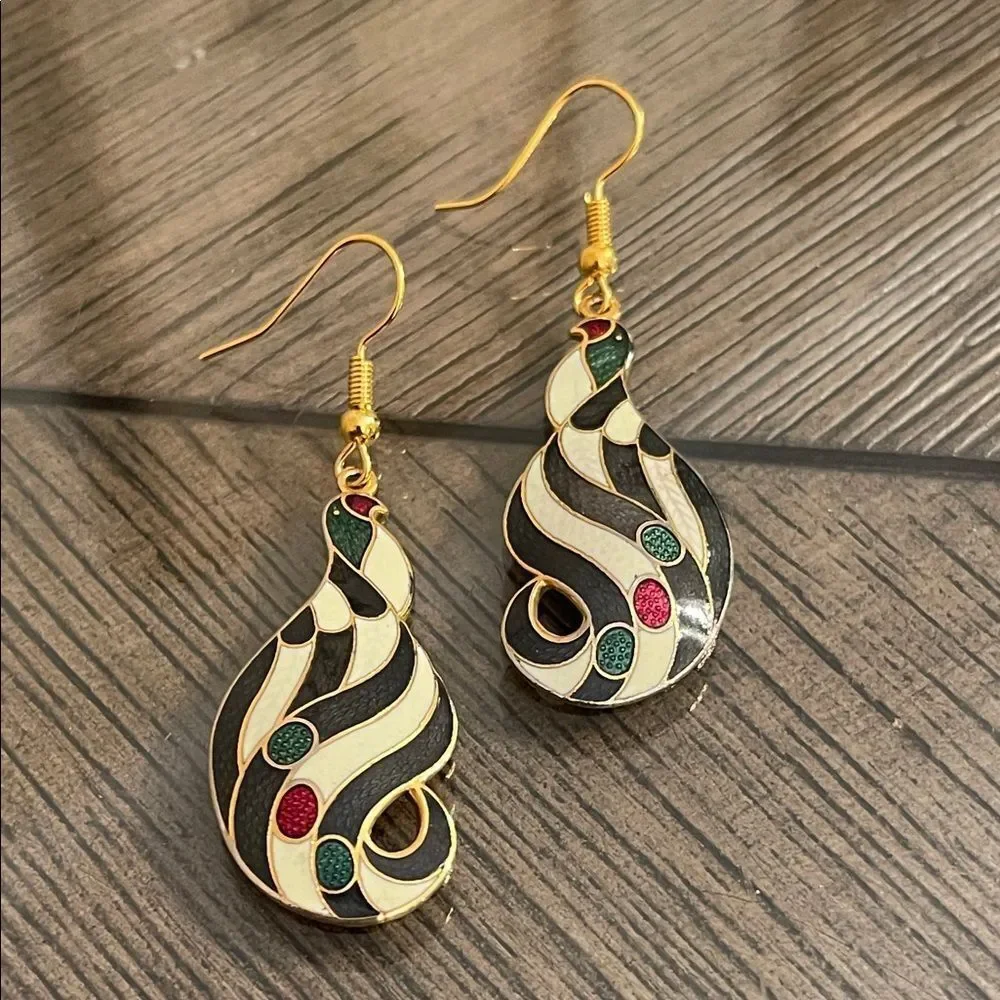 Vintage Cloisonné Black & White Striped Bird Earrings Multicolor Swirl Earrings