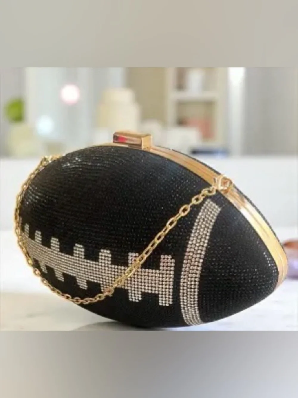 NWT Crystal Embellished Football Clutch Handbag - Black gold