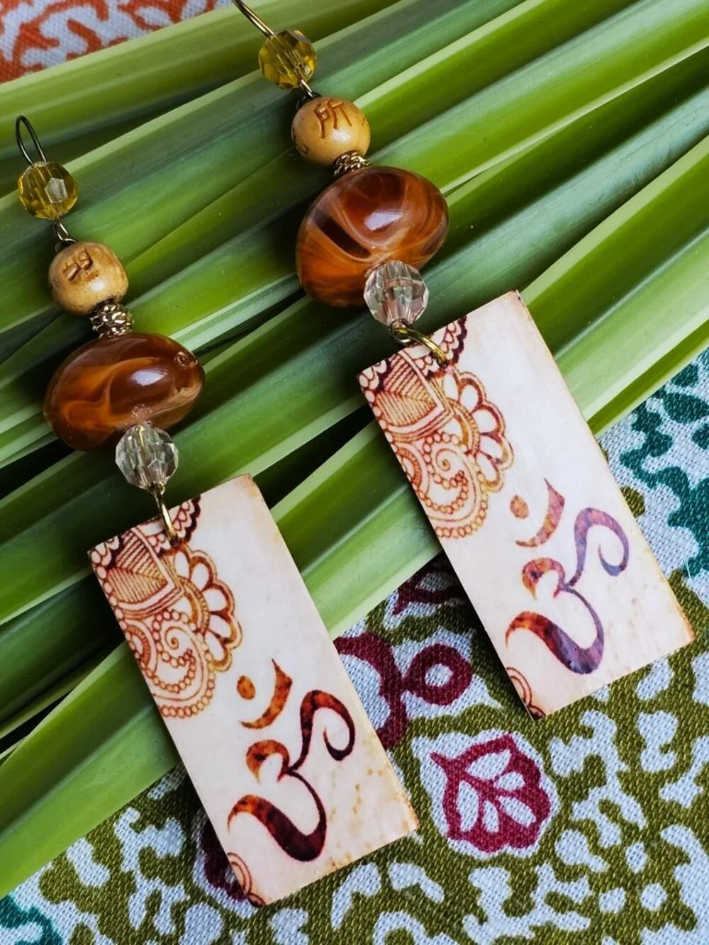 Artisan Hand Crafted Om Aum Symbol Earrings Amber Tan Brown Beaded Yoga Zen