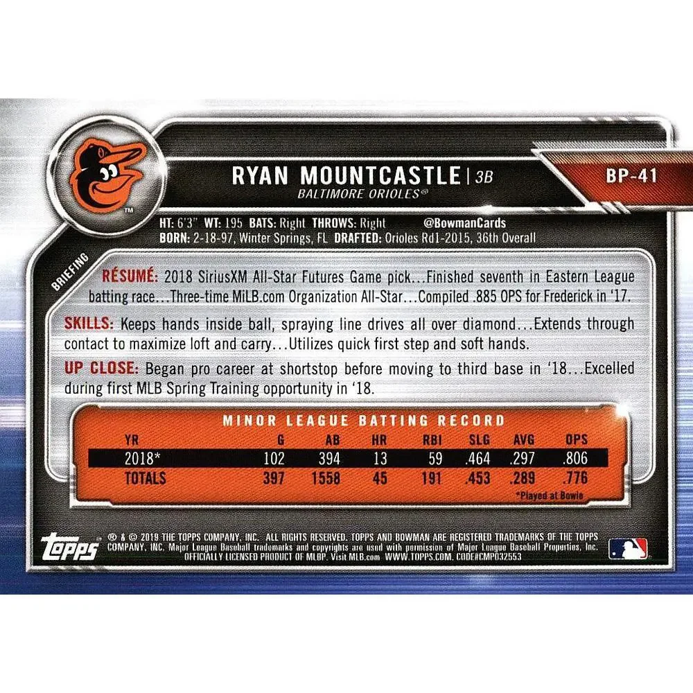 2019 Bowman Prospects Ryan Mountcastle #BP-41 Baltimore Orioles