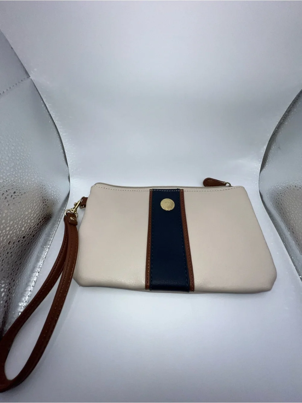Stone & Co. Cream Wristlet with Navy Center Stripe and Brown Trim
