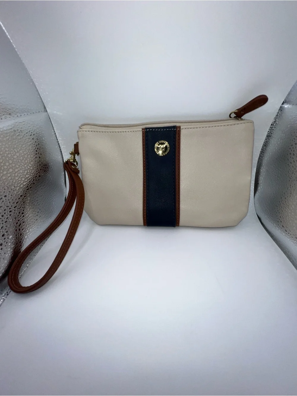 Stone & Co. Cream Wristlet with Navy Center Stripe and Brown Trim