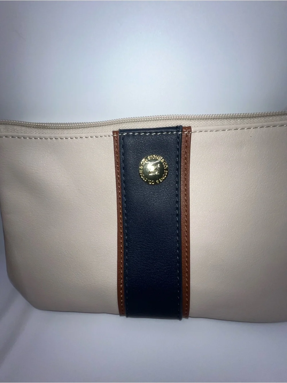 Stone & Co. Cream Wristlet with Navy Center Stripe and Brown Trim