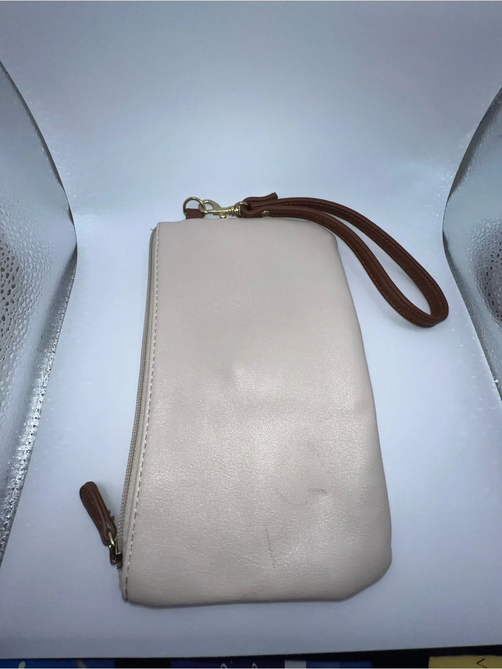 Stone & Co. Cream Wristlet with Navy Center Stripe and Brown Trim
