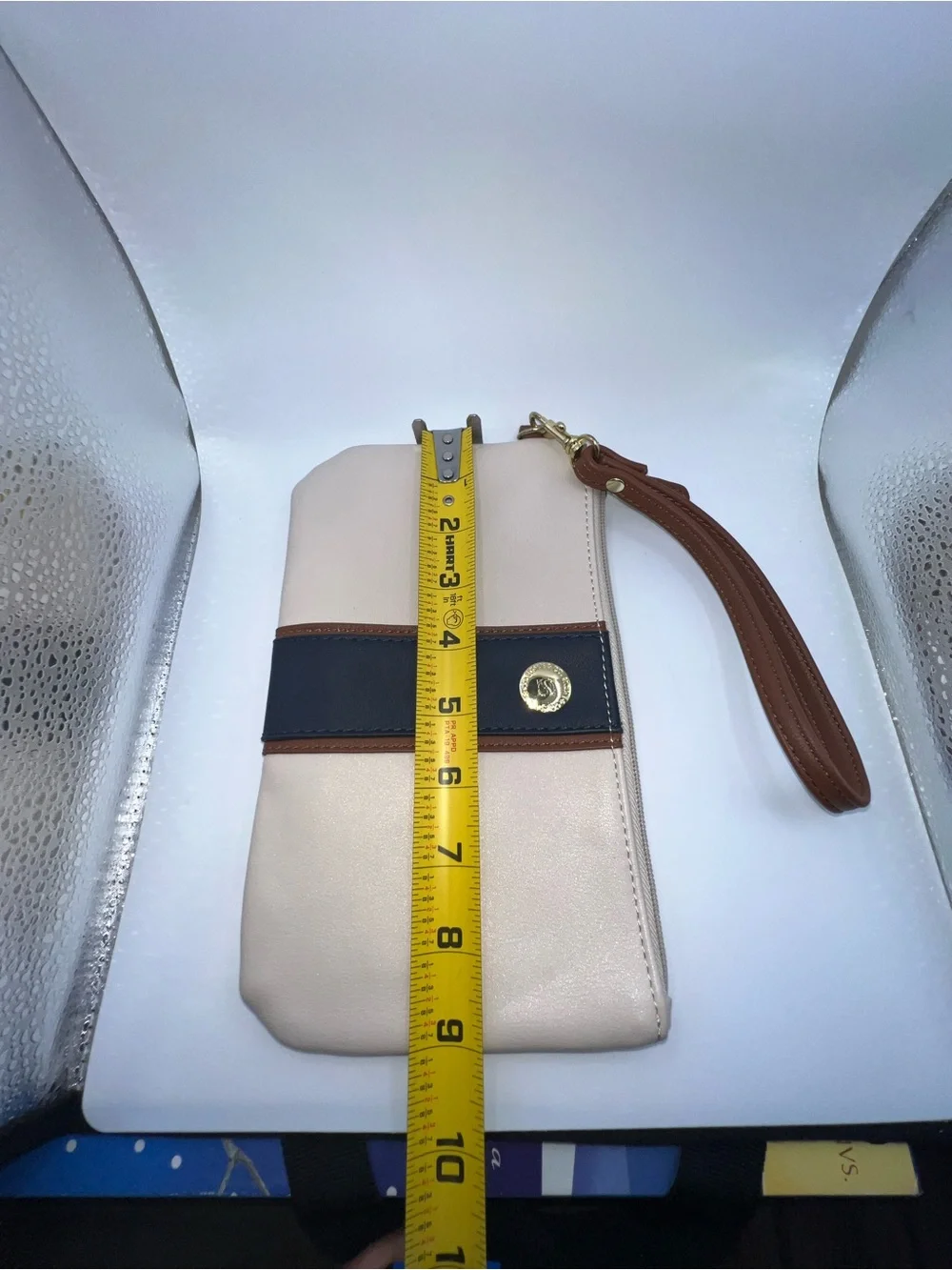 Stone & Co. Cream Wristlet with Navy Center Stripe and Brown Trim