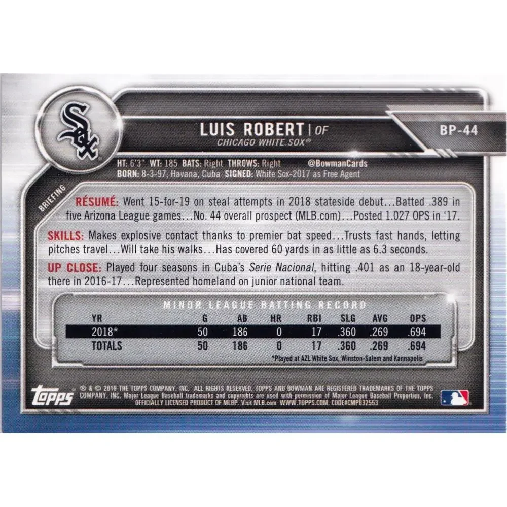 2019 Bowman Prospects Luis Robert #BP-44 Chicago White Sox