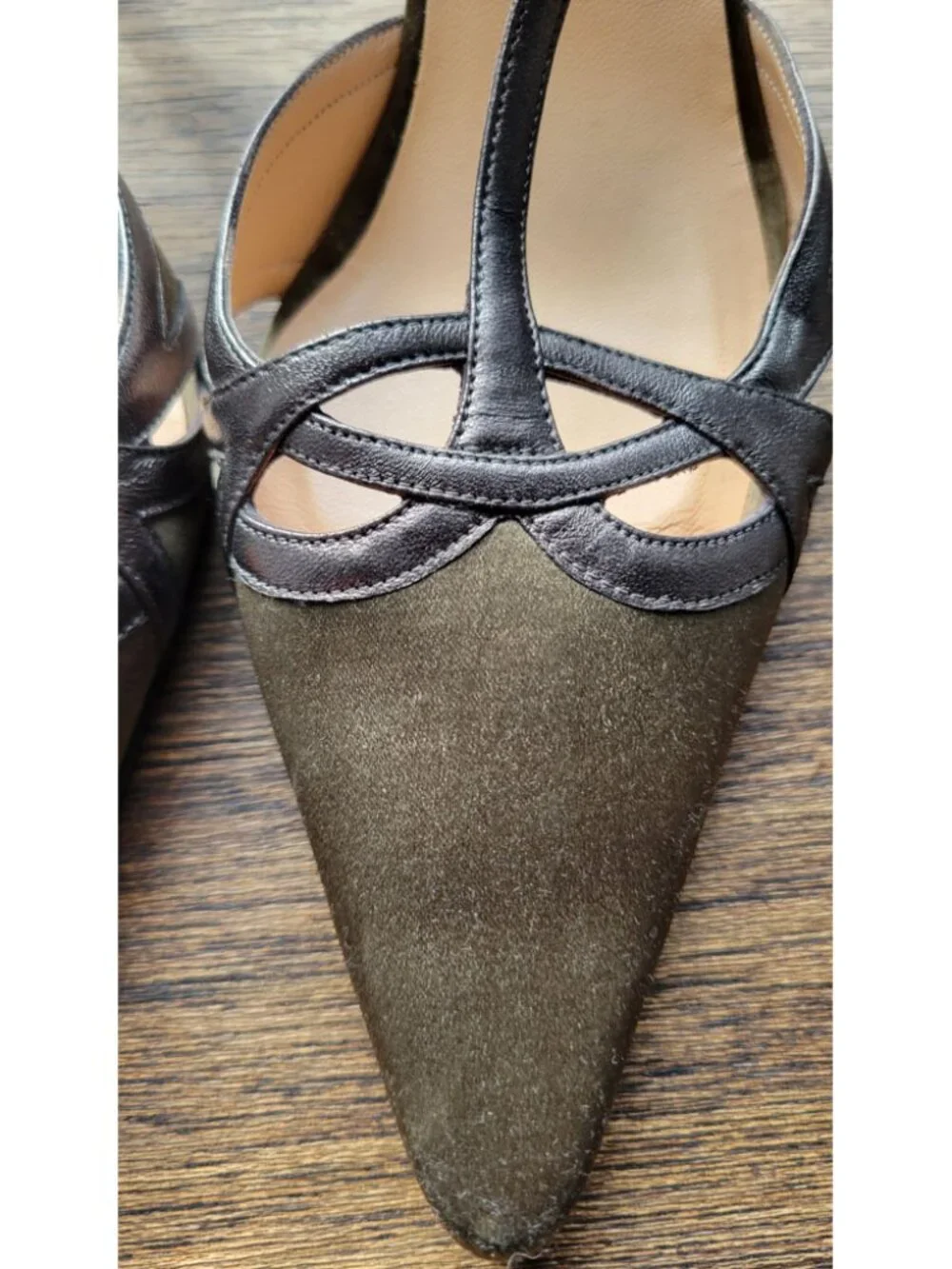 Christian Louboutin Rare Kitten Heels Brown Satin with Grey Leather Straps/Trim
