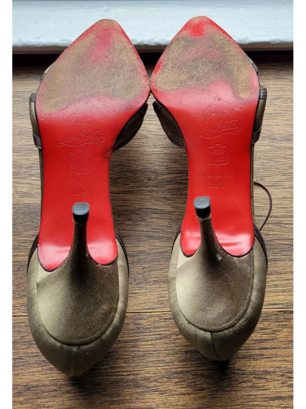 Christian Louboutin Rare Kitten Heels Brown Satin with Grey Leather Straps/Trim