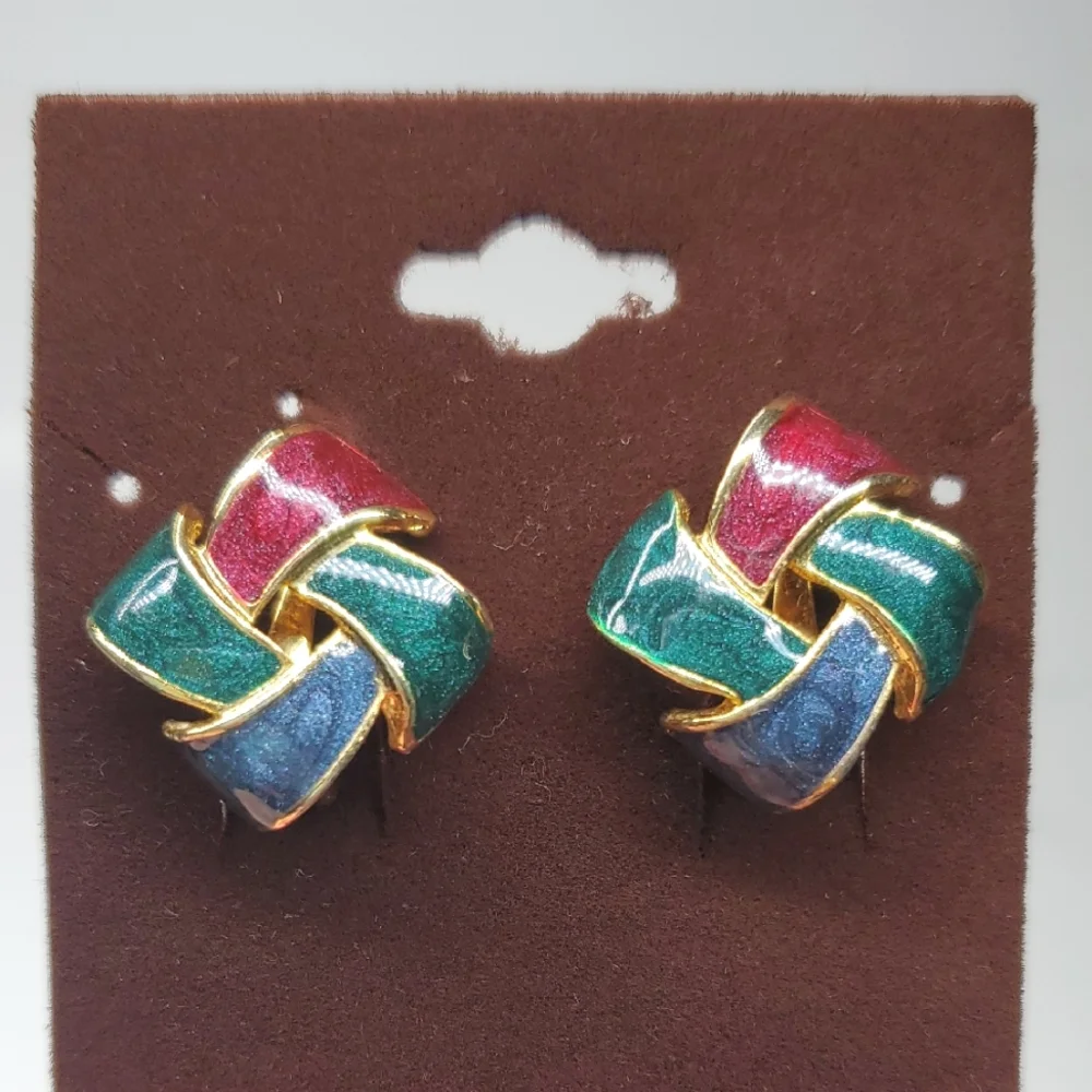 Vintage Multicolor Enamel Knot Clip Earrings
