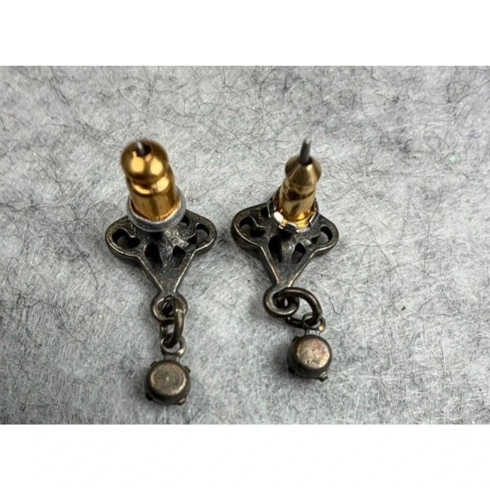 Vintage Mid Century Amber Rhinestone Silver Tone Filigree Dangle Earrings 1950s
