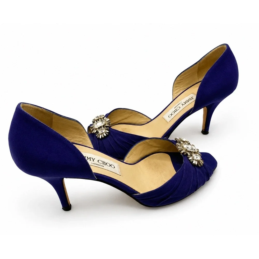 Jimmy‎ Choo Peep Toe Heels Women 38.5 Purple Fair Crystal Satin d'Orsay Pumps