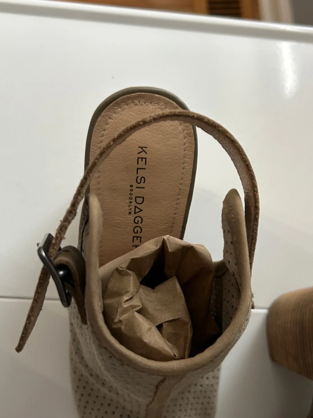 Kelsi Dagger Brooklyn Goya Slingback Sandal Size 7.5 Taupe Perforated Block Heel