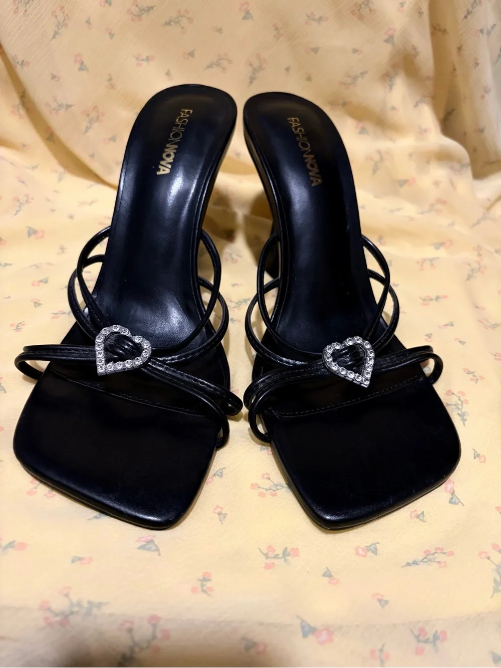 Fashion Nova Black Strappy Slide Heels with Rhinestone Heart Accent