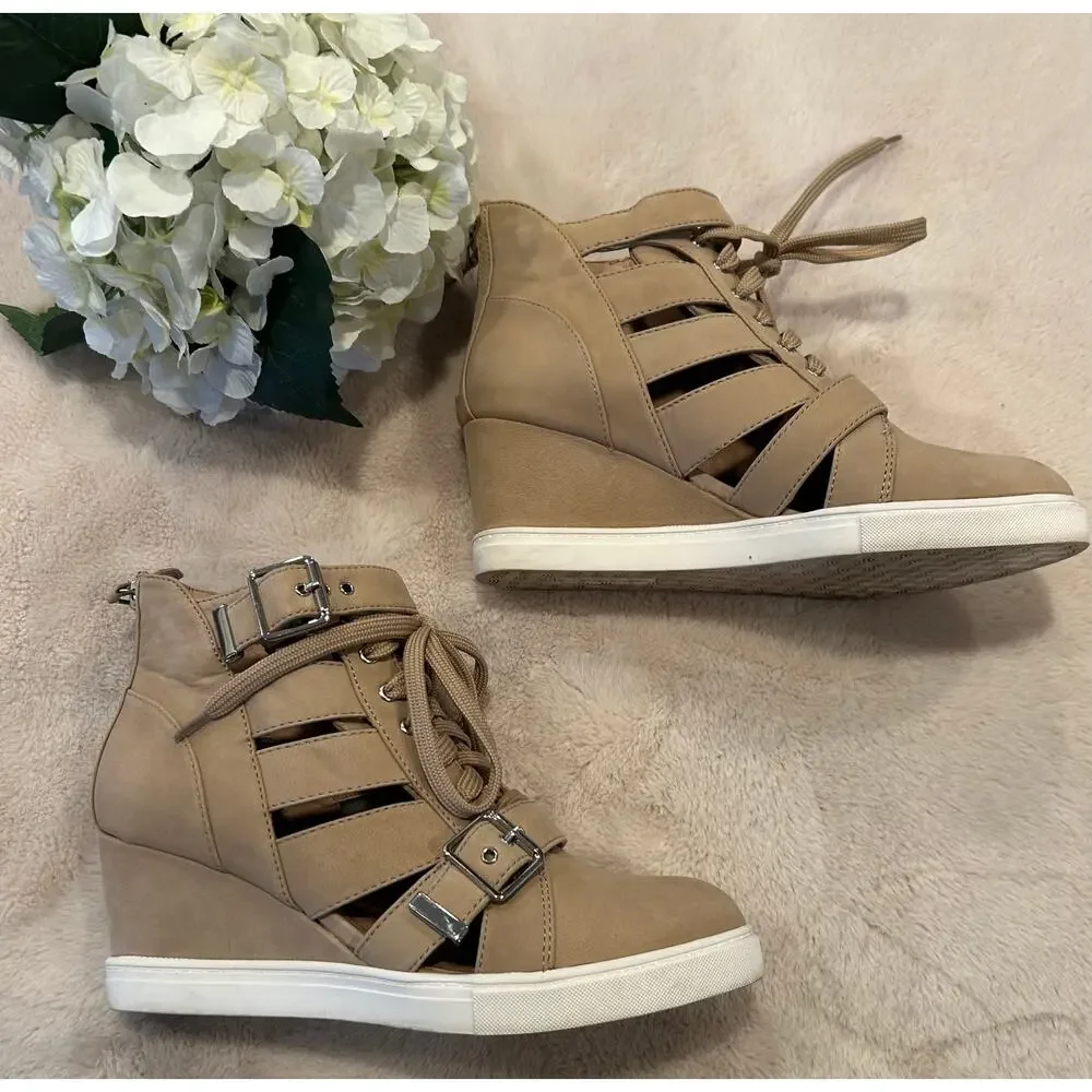 LINEA PAOLO Fave Beige Tan Cutout Wedge Lace-Up Sneaker with Buckle, Size  8.5