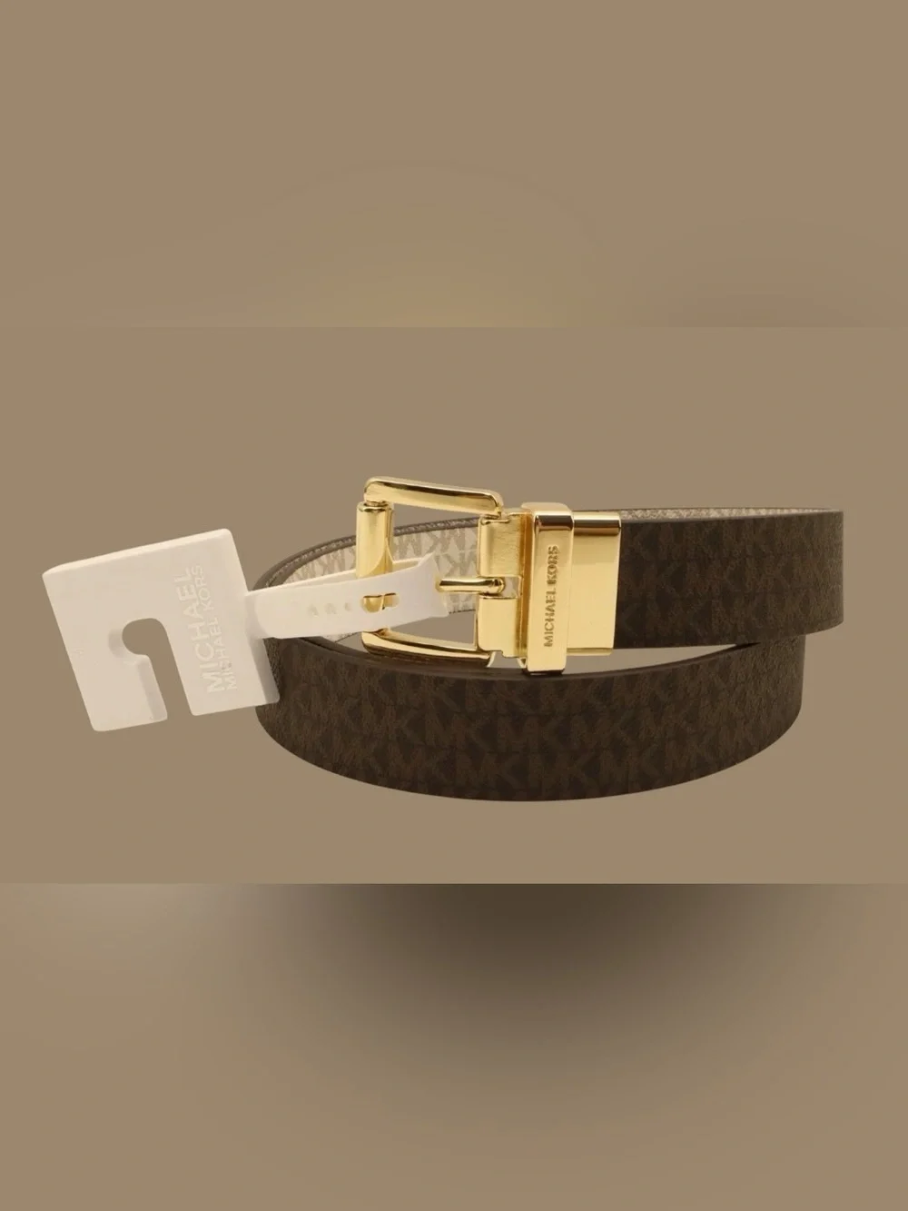 Michael Kors Reversible Logo Belt in Brown and Beige with Gold Buckle