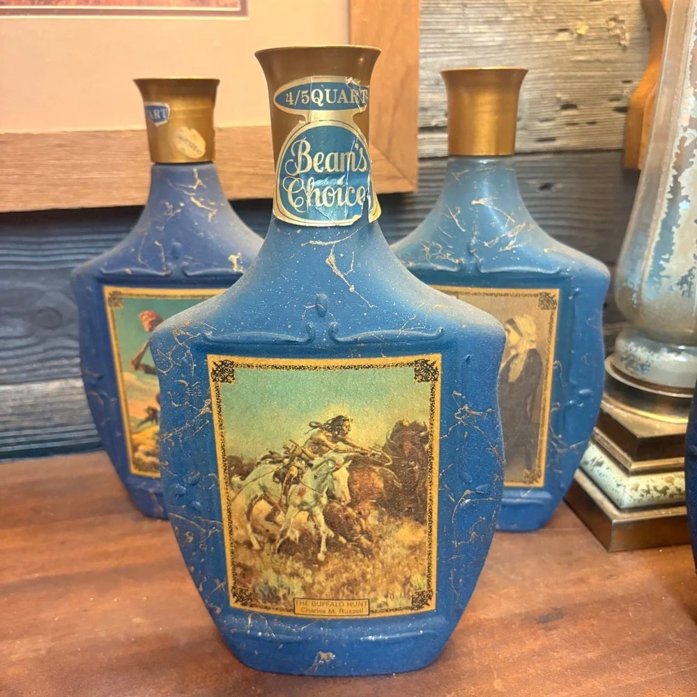 Vintage Jim Beam Choice Blue Glass Decanter Set American Art Series 5 Bottles