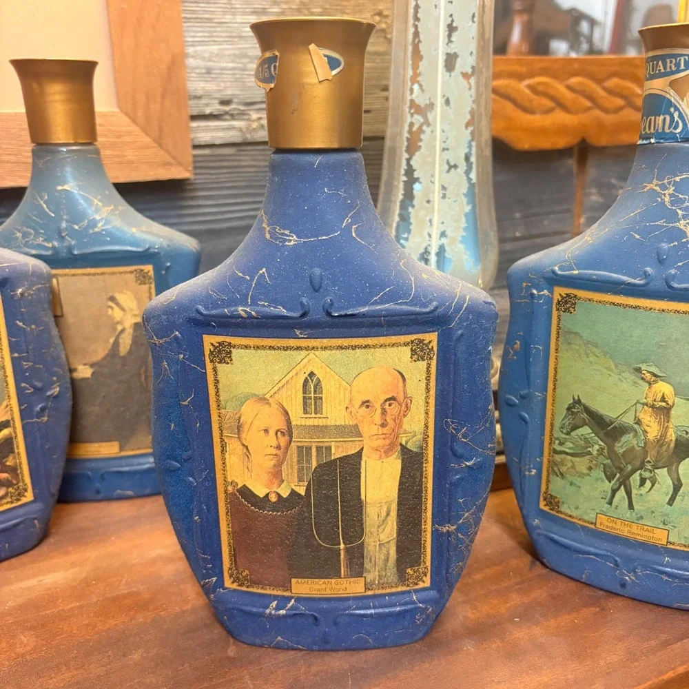 Vintage Jim Beam Choice Blue Glass Decanter Set American Art Series 5 Bottles